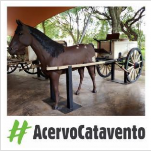 Na foto a carroça pipa ligada a um cavalo cenográfico. Na parte inferior da foto escrito: #AcervoCatavento