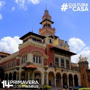 Foto do Palácio das Indústrias, sede do Museu Catavento, com os logos das campanhas #CulturaEmCasa e 14ª Primavera de Museus
