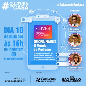 Material de divulgação da live com os logos das campanhas #CulturaEmCasa e #CataventoEmCasa, fotos dos participantes e informações sobre a atividade