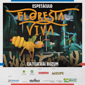 Arte com uma imagem de fundo do espetáculo Floresta Viva com o título do espetáculo "Floresta Viva" 