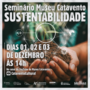Imagem de duas mãos segurando um punhado de terra com um broto nascendo e as informações sobre cronograma do seminário